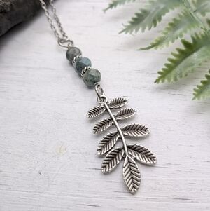 Silver Leaf Branch Pendant Necklace with Mossy Green Agate Beads